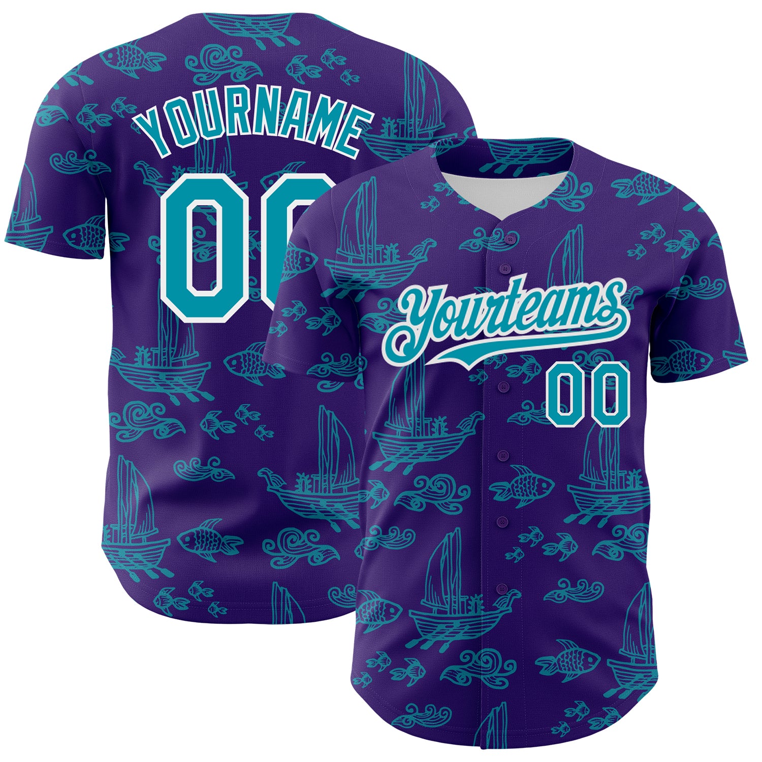 Personalized Purple Teal-White 3D Pattern Design Boats And Fish Authentic Baseball Jersey Team Custom Name and Number