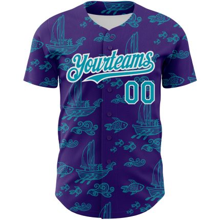 Personalized Purple Teal-White 3D Pattern Design Boats And Fish Authentic Baseball Jersey Team Custom Name and Number