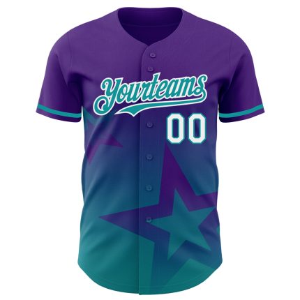 Personalized Purple Teal-White 3D Pattern Design Gradient Style Twinkle Star Authentic Baseball Jersey Team Custom Name and Number