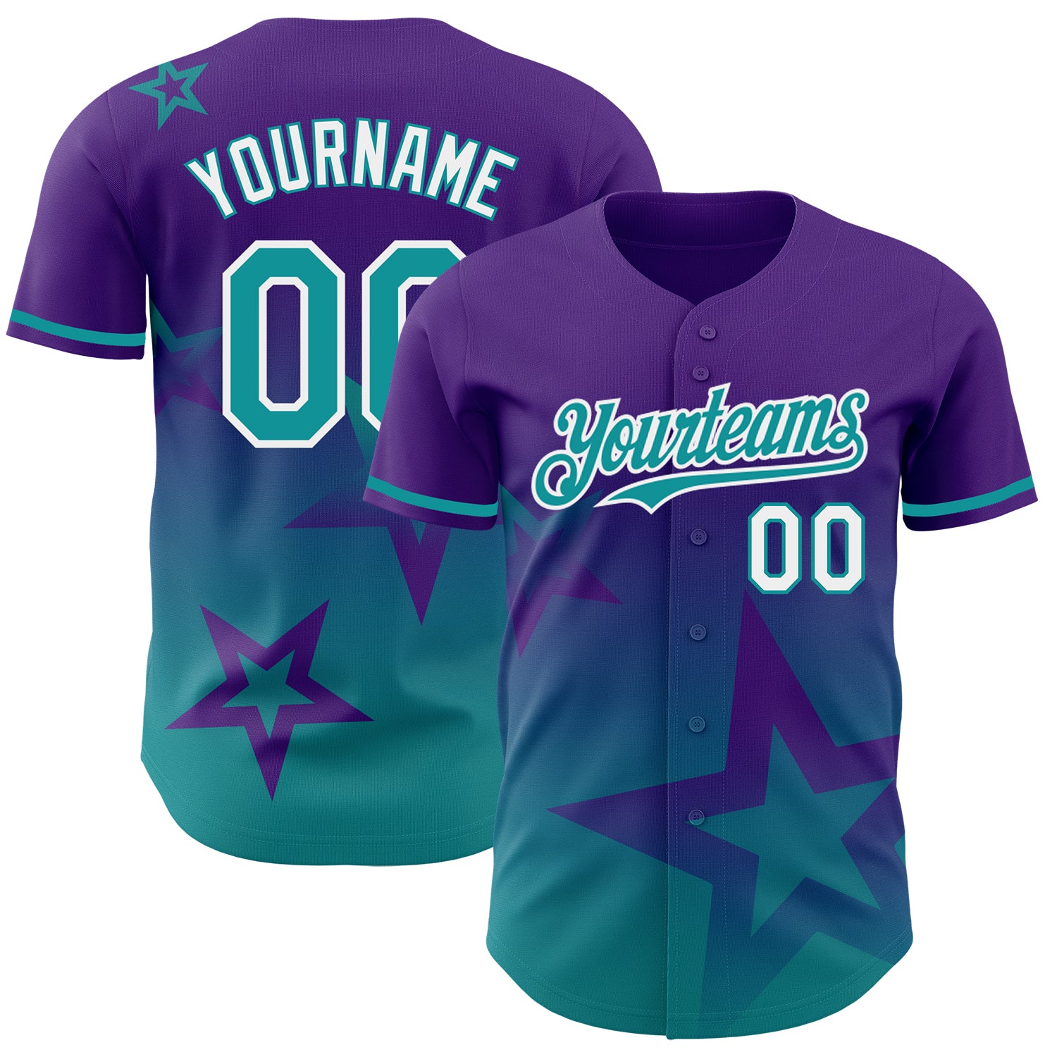 Personalized Purple Teal-White 3D Pattern Design Gradient Style Twinkle Star Authentic Baseball Jersey Team Custom Name and Number