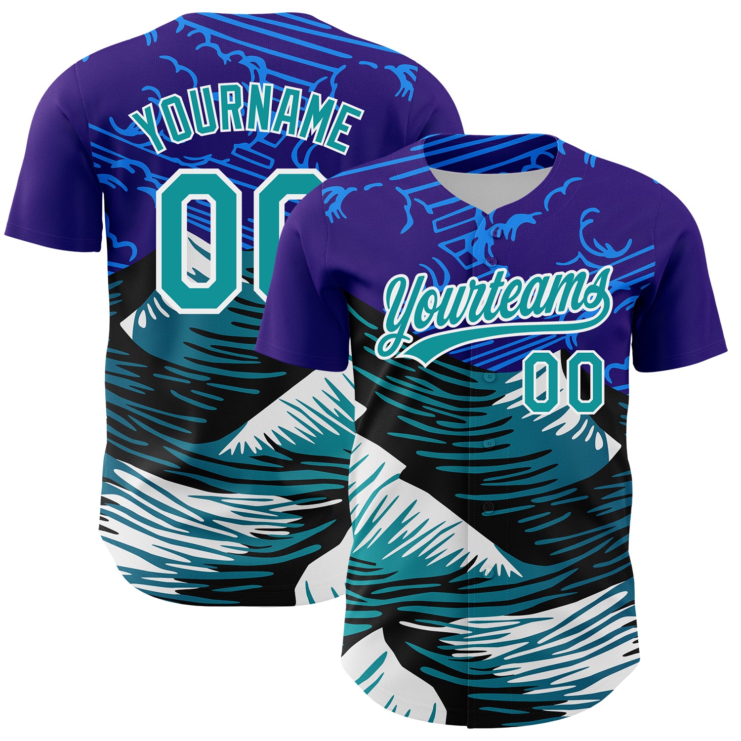Personalized Purple Teal-White 3D Pattern Design Mountains Authentic Baseball Jersey Team Custom Name and Number
