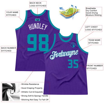 Personalized Purple Teal-White Authentic Throwback Basketball Jersey Team Custom Name and Number