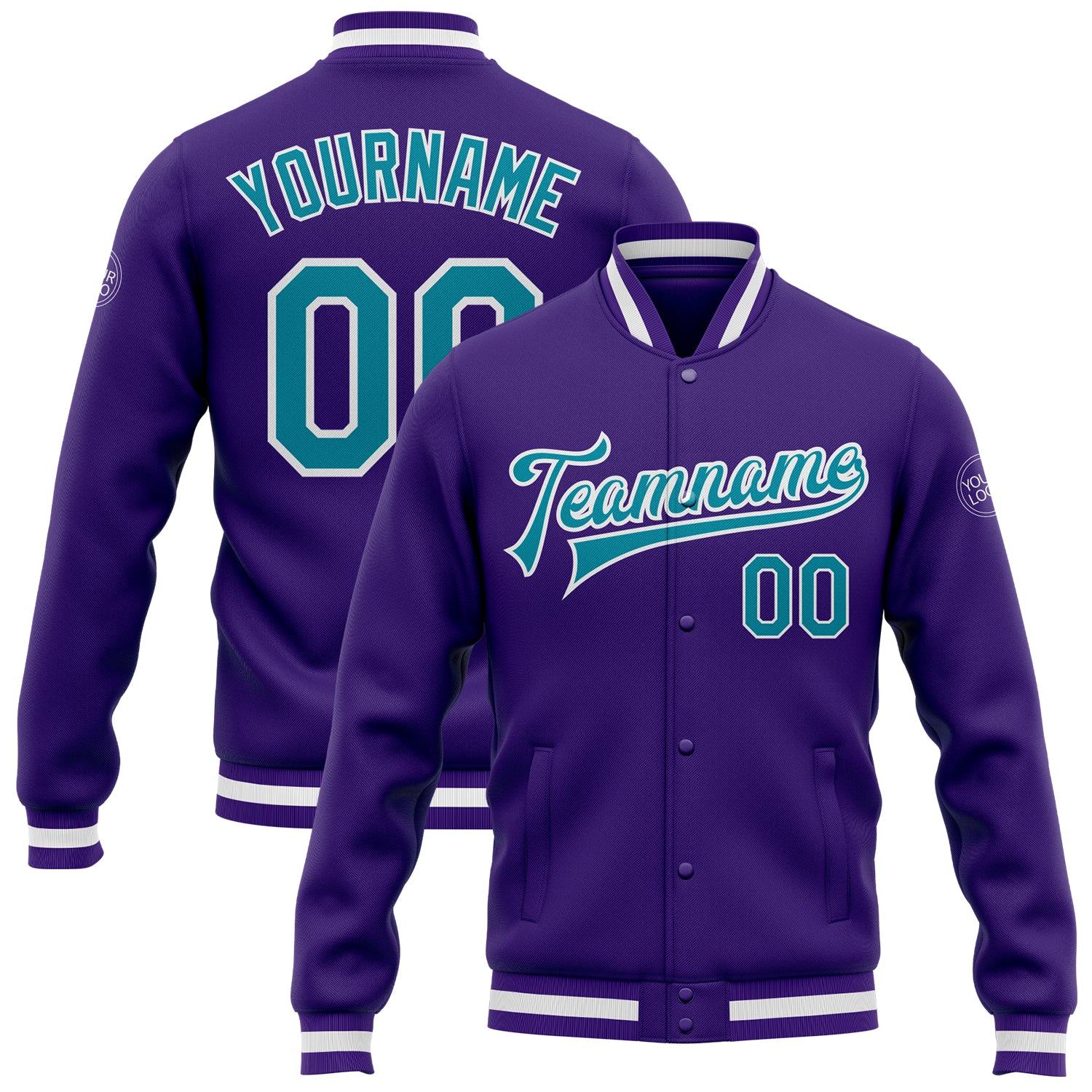 Personalized Purple Teal-White Bomber Full-Snap Varsity Letterman Jacket Team Custom Name and Number