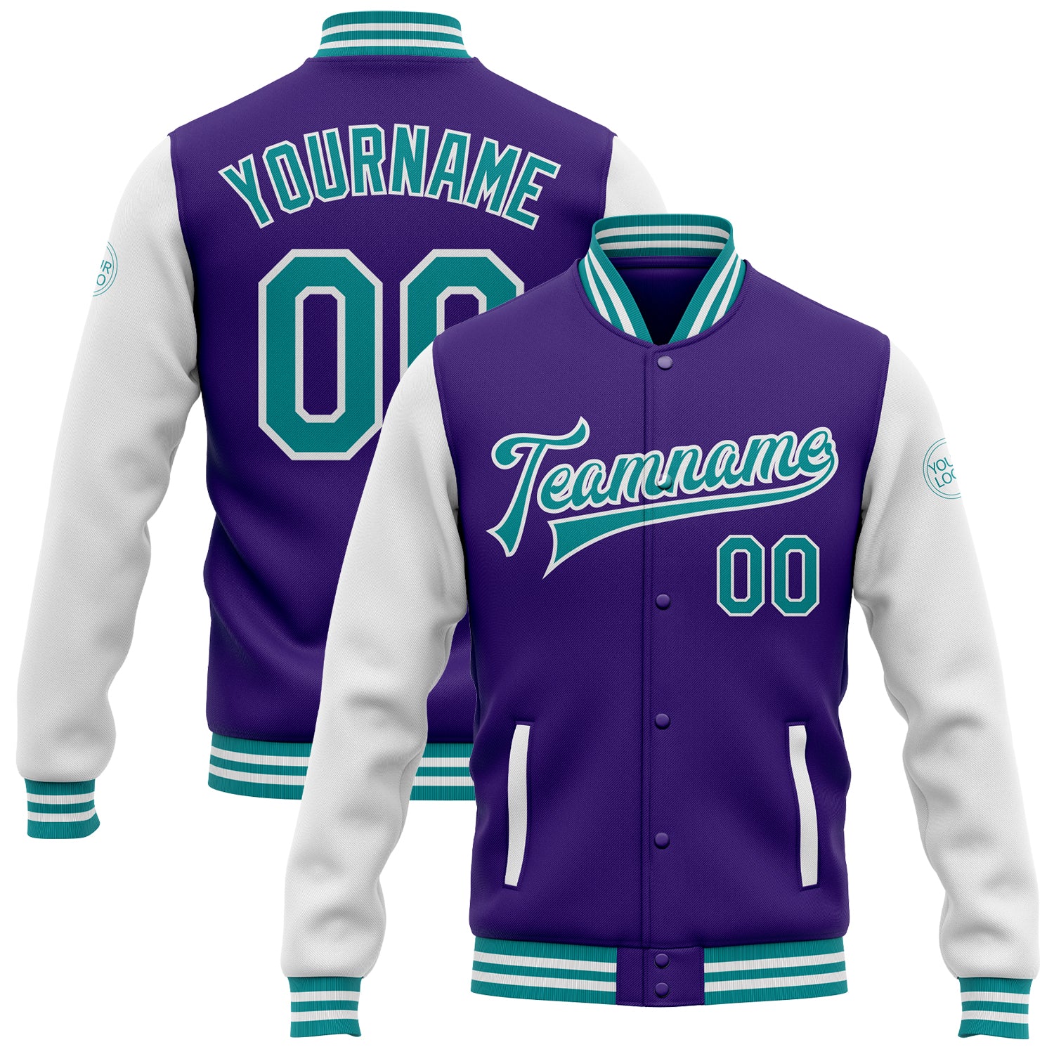Personalized Purple Teal-White Bomber Full-Snap Varsity Letterman Two Tone Jacket Team Custom Name and Number