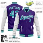 Personalized Purple Teal-White Bomber Full-Snap Varsity Letterman Two Tone Jacket Team Custom Name and Number