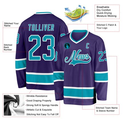 Personalized Purple Teal-White Hockey Jersey Team Custom Name and Number