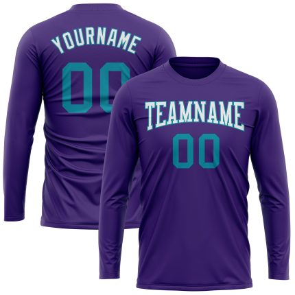 Personalized Purple Teal-White Long Sleeve Performance T-Shirt Team Custom Name and Number