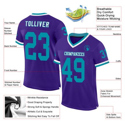 Personalized Purple Teal-White Mesh Authentic Throwback Football Jersey Team Custom Name and Number