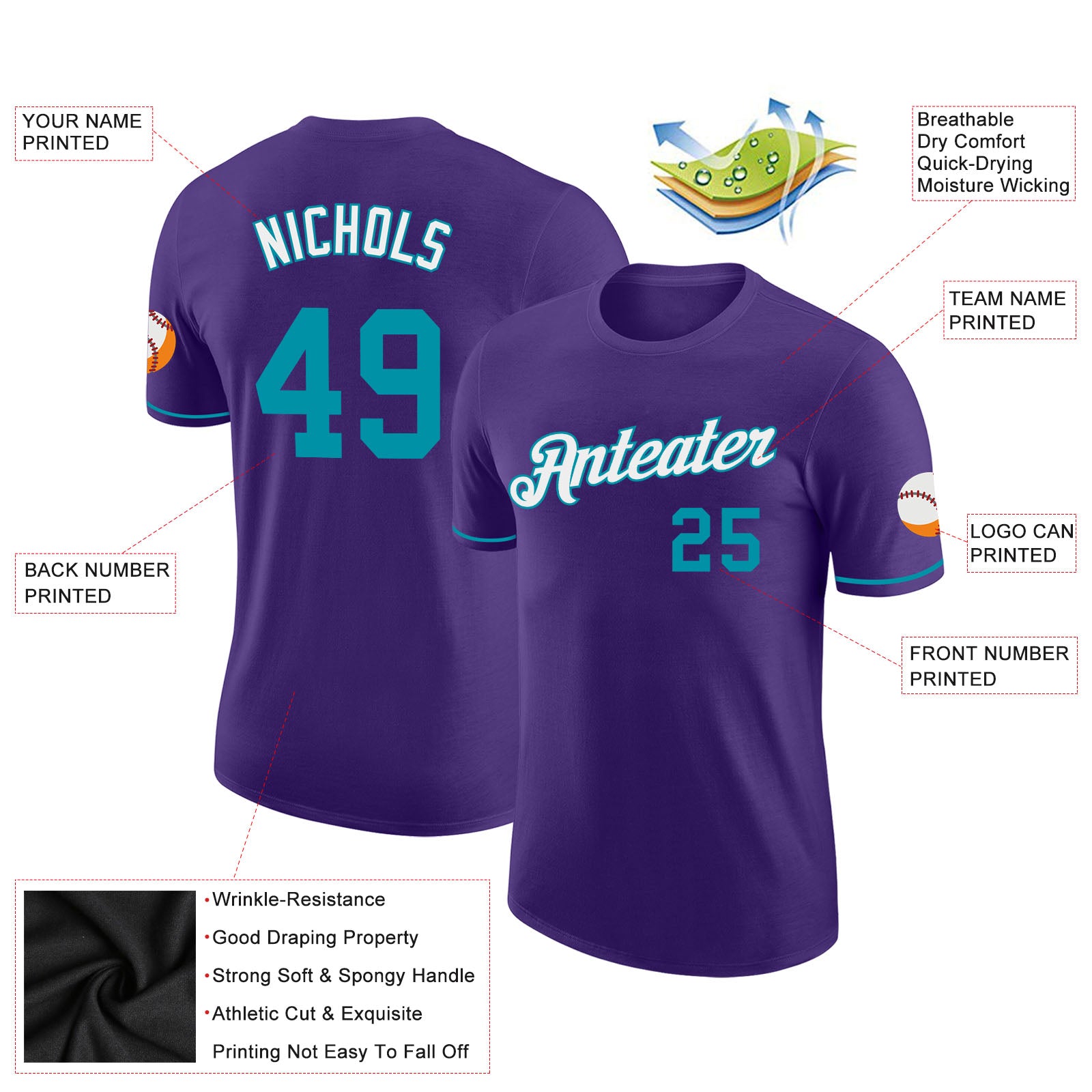 Personalized Purple Teal-White Performance T-Shirt Team Custom Name and Number Personalized Purple Teal-White Performance T-Shirt Team Custom Name and Number - Image 3