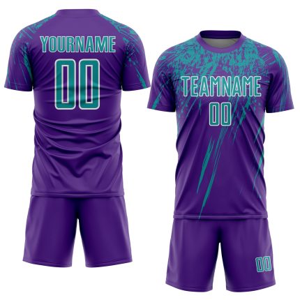 Custom purple, teal and white soccer jersey, back view