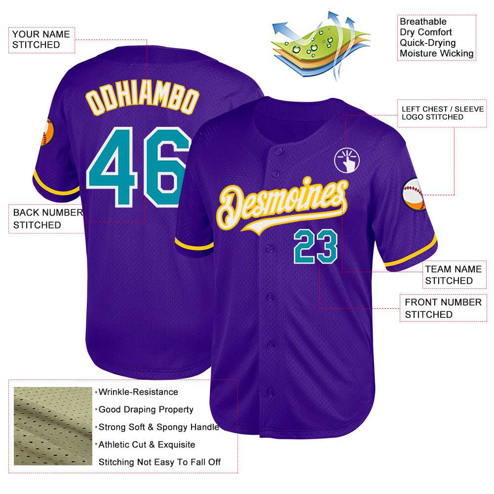 Personalized Purple Teal-Yellow Mesh Authentic Throwback Baseball Jersey Team Custom Name and Number Personalized Purple Teal-Yellow Mesh Authentic Throwback Baseball Jersey Team Custom Name and Number - Image 3