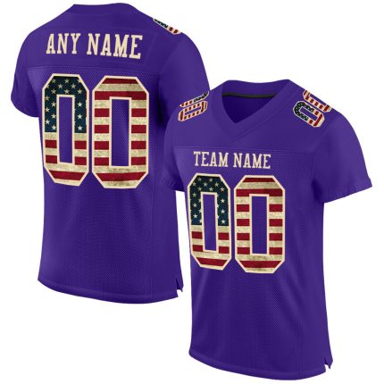 Personalized Purple Vintage USA Flag-City Cream Mesh Authentic Football Jersey Team Custom Name and Number
