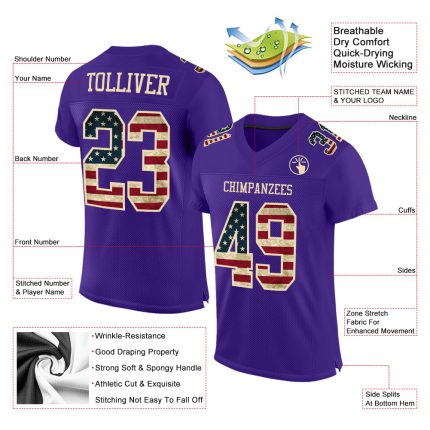 Personalized Purple Vintage USA Flag-City Cream Mesh Authentic Football Jersey Team Custom Name and Number