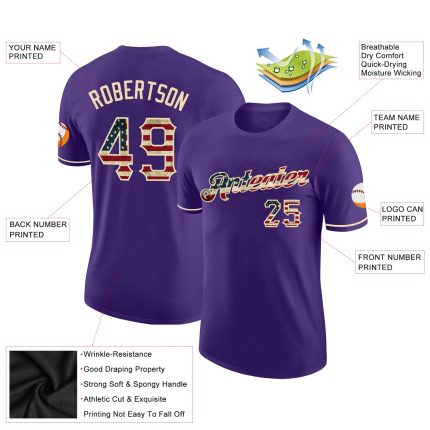 Personalized Purple Vintage USA Flag-City Cream Performance T-Shirt Team Custom Name and Number