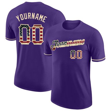 Personalized Purple Vintage USA Flag-City Cream Performance T-Shirt Team Custom Name and Number