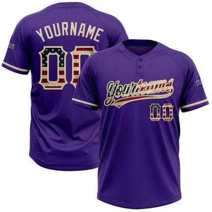Personalized Purple Vintage USA Flag-City Cream Two-Button Unisex Softball Jersey Team Custom Name and Number