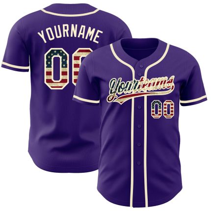Personalized Purple Vintage USA Flag-Cream Authentic Baseball Jersey Team Custom Name and Number