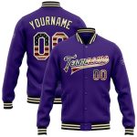Personalized Purple Vintage USA Flag Cream-Black Bomber Full-Snap Varsity Letterman Jacket Team Custom Name and Number