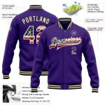 Personalized Purple Vintage USA Flag Cream-Black Bomber Full-Snap Varsity Letterman Jacket Team Custom Name and Number