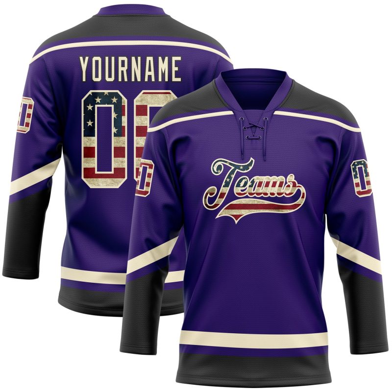 Personalized Purple Vintage USA Flag Cream-Black Hockey Lace Neck Jersey Team Custom Name and Number