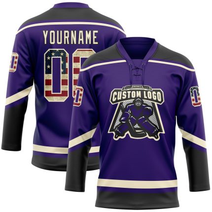 Personalized Purple Vintage USA Flag Cream-Black Hockey Lace Neck Jersey Team Custom Name and Number