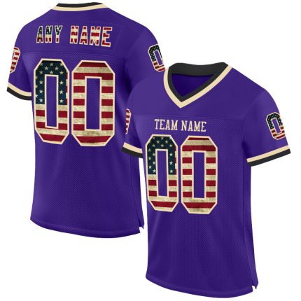 Personalized Purple Vintage USA Flag Cream-Black Mesh Authentic Throwback Football Jersey Team Custom Name and Number