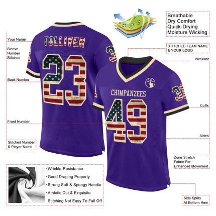 Personalized Purple Vintage USA Flag Cream-Black Mesh Authentic Throwback Football Jersey Team Custom Name and Number