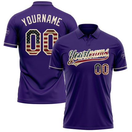 Personalized Purple Vintage USA Flag-Cream Performance Vapor Golf Polo Shirt Team Custom Name and Number