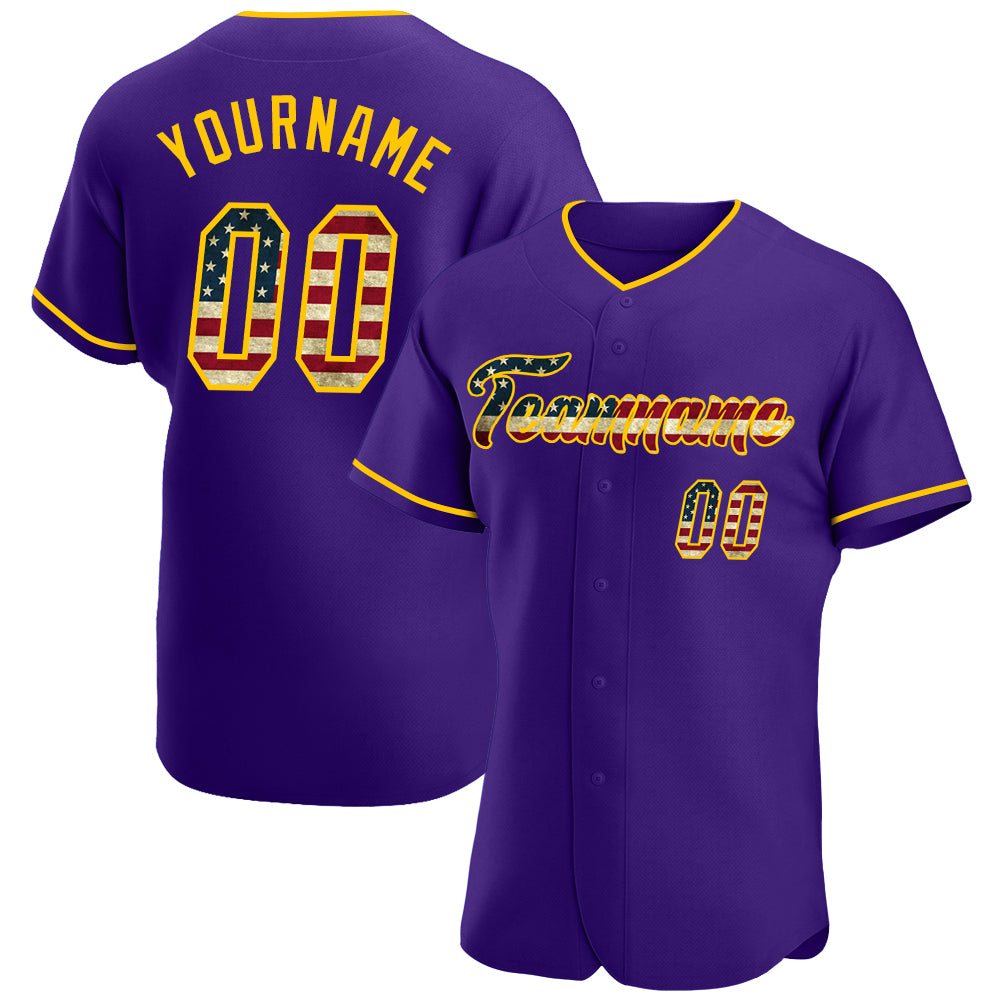 Personalized Purple Vintage USA Flag-Gold Authentic Baseball Jersey Team Custom Name and Number