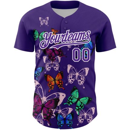 Personalized Purple White 3D Pattern Design Animal Butterfly Authentic Baseball Jersey Team Custom Name and Number