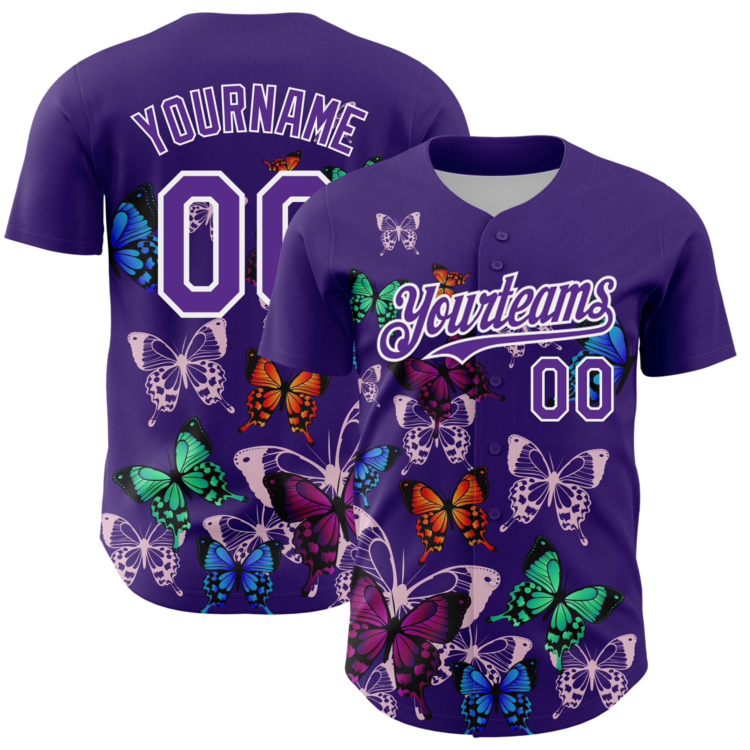 Personalized Purple White 3D Pattern Design Animal Butterfly Authentic Baseball Jersey Team Custom Name and Number