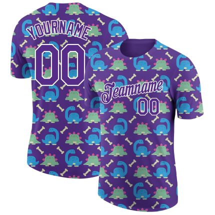 Personalized Purple White 3D Pattern Design Dinosaur Performance T-Shirt Team Custom Name and Number