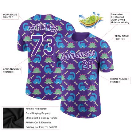 Personalized Purple White 3D Pattern Design Dinosaur Performance T-Shirt Team Custom Name and Number