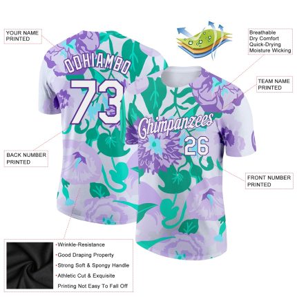 Personalized Purple White 3D Pattern Design Flowers Performance T-Shirt