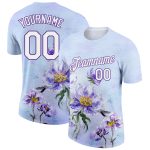 Personalized Purple White 3D Pattern Design Flowers Performance T-Shirt Team Custom Name and Number