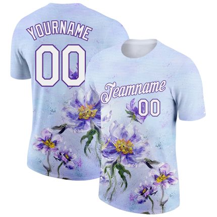 Personalized Purple White 3D Pattern Design Flowers Performance T-Shirt Team Custom Name and Number