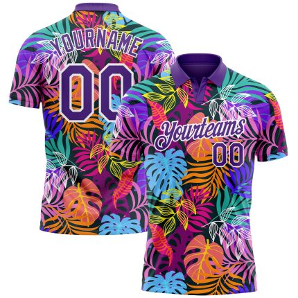 Personalized Purple White 3D Pattern Design Hawaii Palm Trees Performance Golf Polo Shirt Team Custom Name and Number