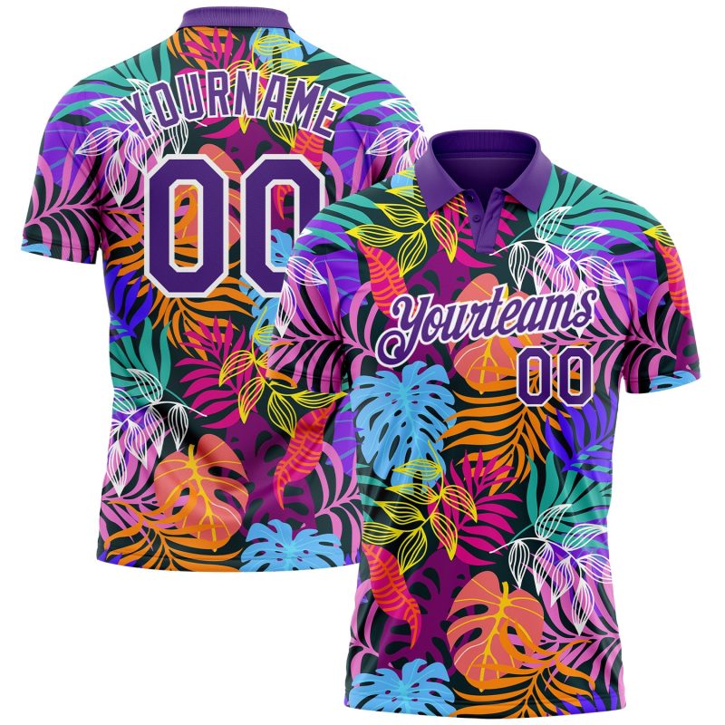 Personalized Purple White 3D Pattern Design Hawaii Palm Trees Performance Golf Polo Shirt Team Custom Name and Number