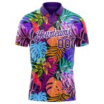 Personalized Purple White 3D Pattern Design Hawaii Palm Trees Performance Golf Polo Shirt Team Custom Name and Number