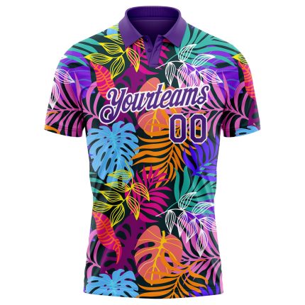 Personalized Purple White 3D Pattern Design Hawaii Palm Trees Performance Golf Polo Shirt Team Custom Name and Number