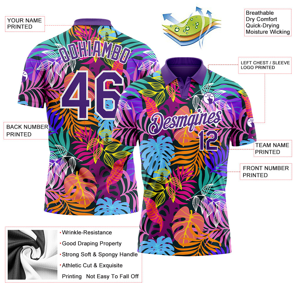 Personalized Purple White 3D Pattern Design Hawaii Palm Trees Performance Golf Polo Shirt Team Custom Name and Number Personalized Purple White 3D Pattern Design Hawaii Palm Trees Performance Golf Polo Shirt Team Custom Name and Number - Image 3