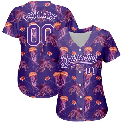 Personalized Purple White 3D Pattern Design Jellyfish And Octopus Authentic Baseball Jersey Team Custom Name and Number