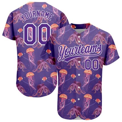 Personalized Purple White 3D Pattern Design Jellyfish And Octopus Authentic Baseball Jersey Team Custom Name and Number