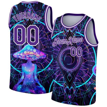 Personalized Purple White 3D Pattern Design Magic Mushrooms Over Sacred Geometry Psychedelic Hallucination Authentic Basketball Jersey Team Custom Name and Number