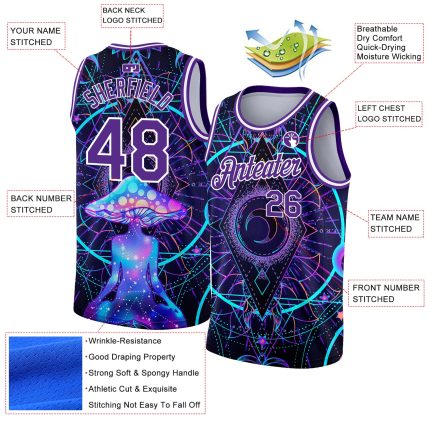 Personalized Purple White 3D Pattern Design Magic Mushrooms Over Sacred Geometry Psychedelic Hallucination Authentic Basketball Jersey Team Custom Name and Number