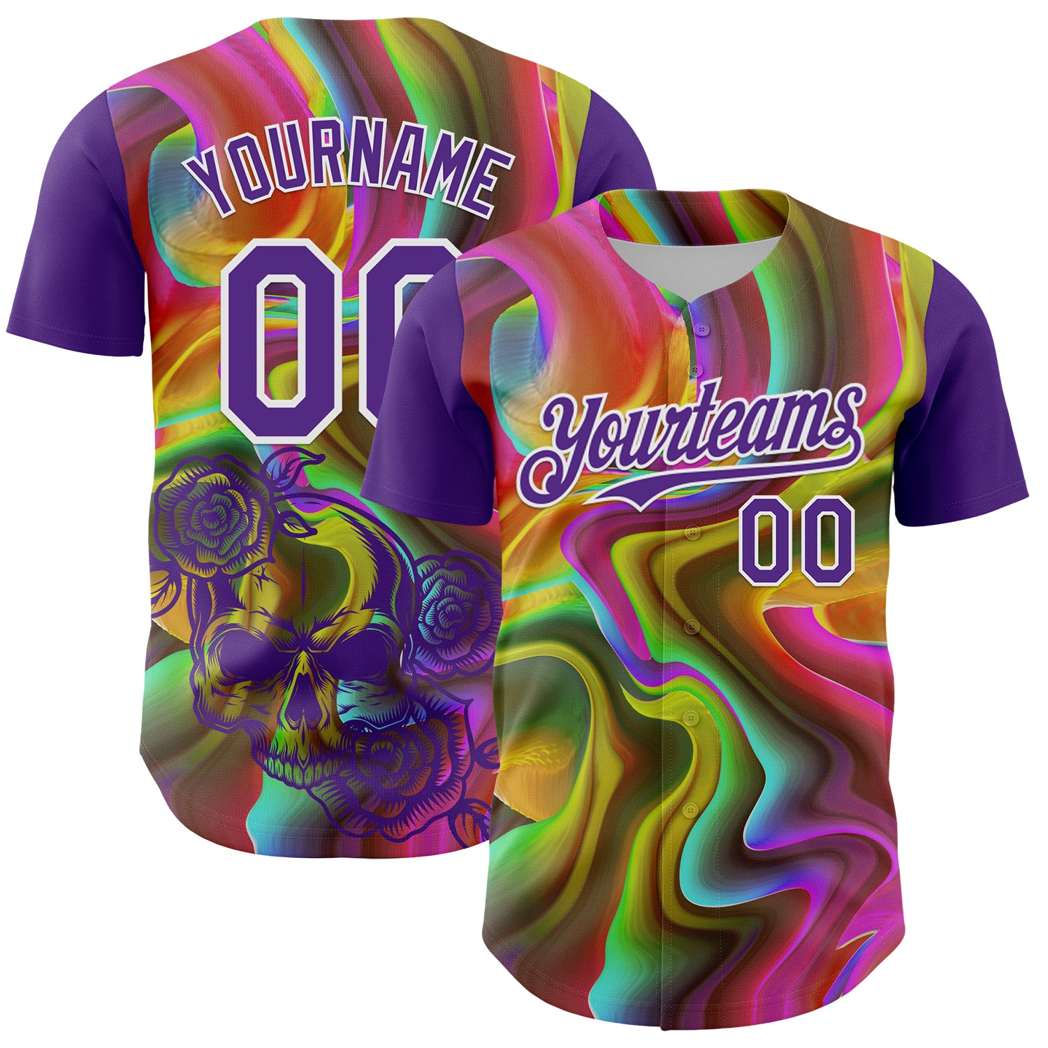 Personalized Purple White 3D Pattern Design Rave Psychedelic Liquid And Skull Authentic Baseball Jersey Team Custom Name and Number