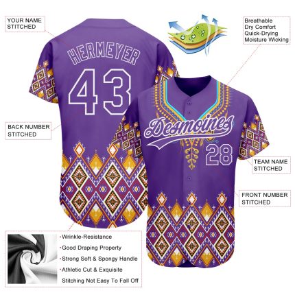 Personalized Purple White 3D Pattern Design Traditional African Ethnic Style Authentic Baseball Jersey Team Custom Name and Number
