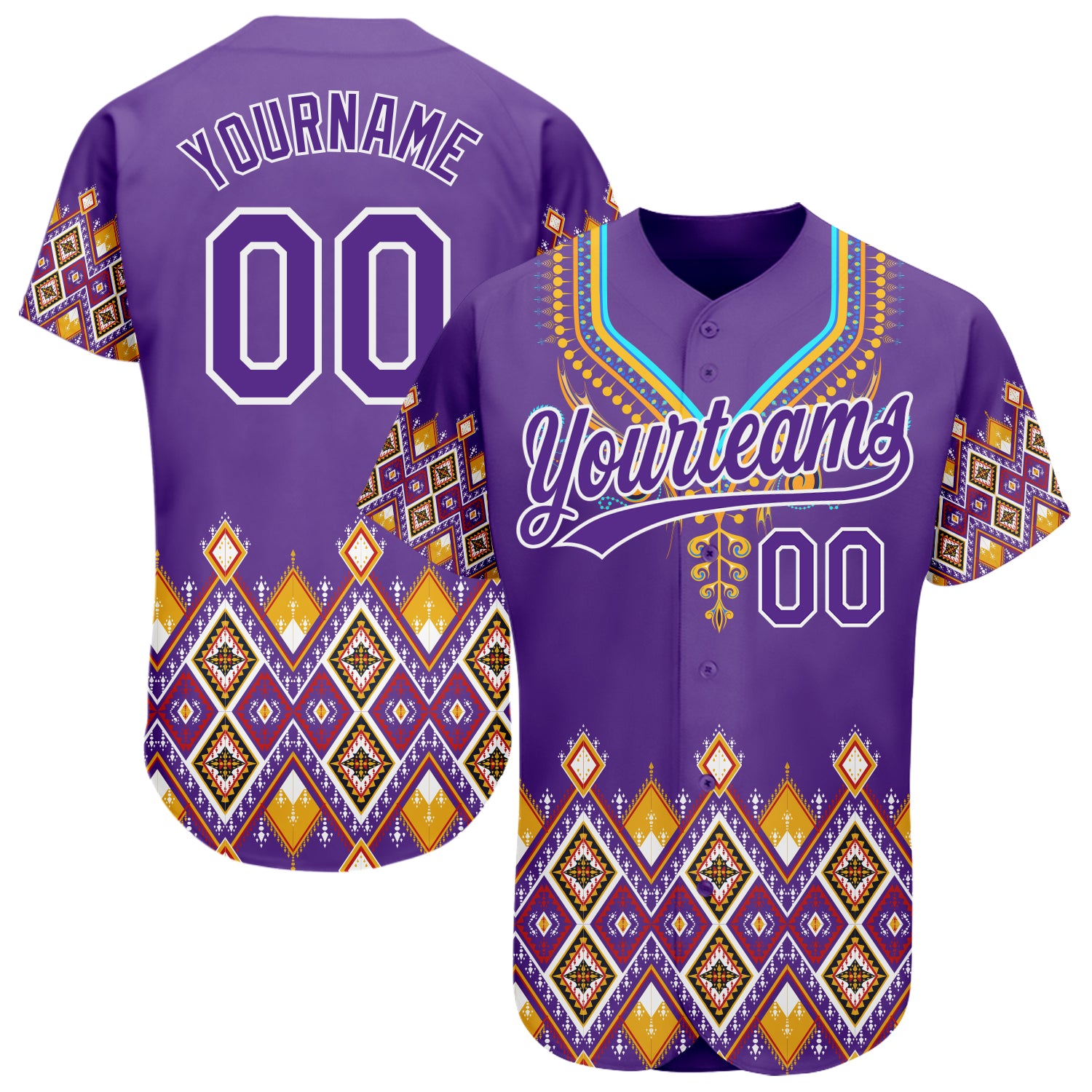 Personalized Purple White 3D Pattern Design Traditional African Ethnic Style Authentic Baseball Jersey Team Custom Name and Number