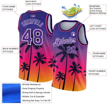 Personalized Purple White 3D Pattern Tropical Hawaii Trees Authentic Basketball Jersey Team Custom Name and Number