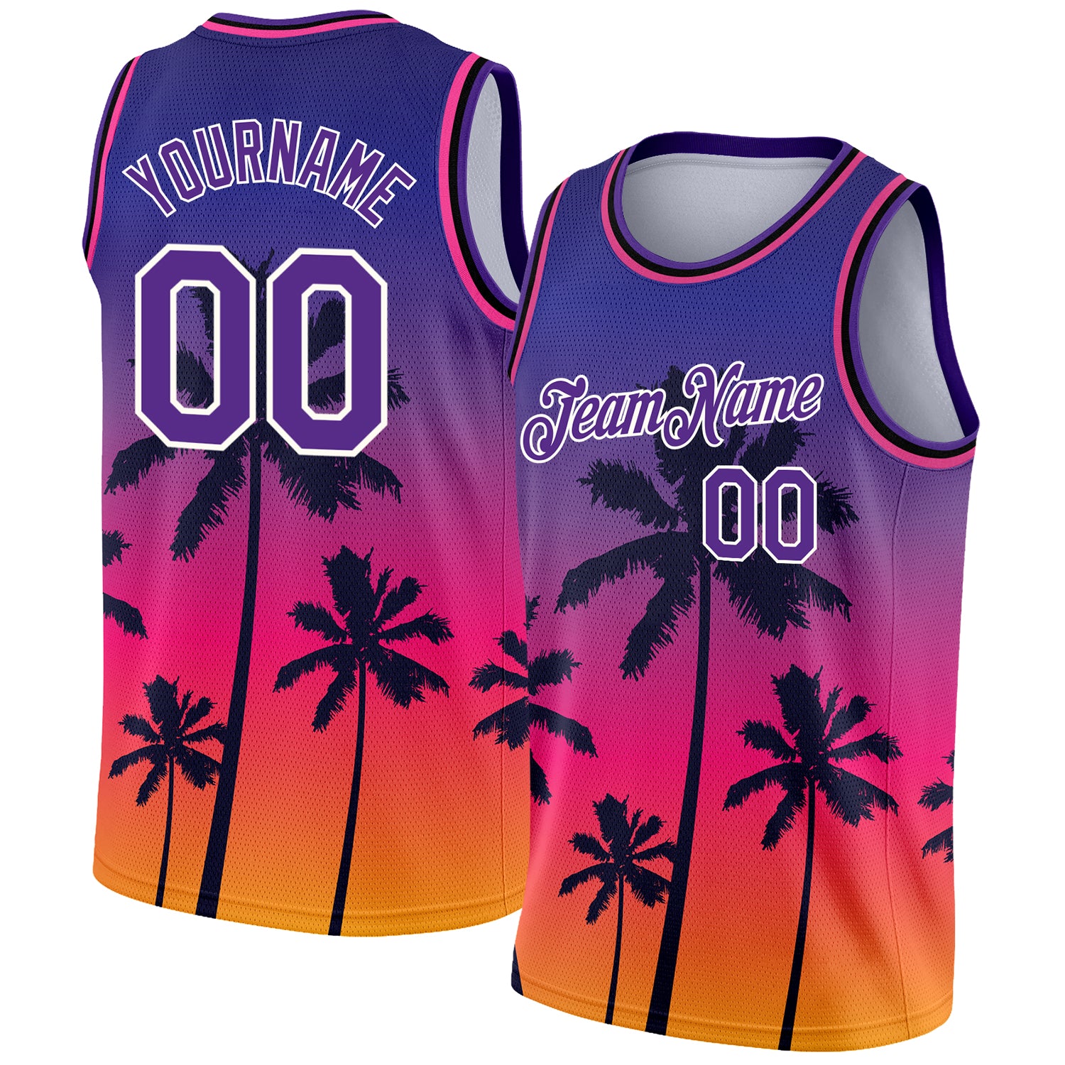 Personalized Purple White 3D Pattern Tropical Hawaii Trees Authentic Basketball Jersey Team Custom Name and Number